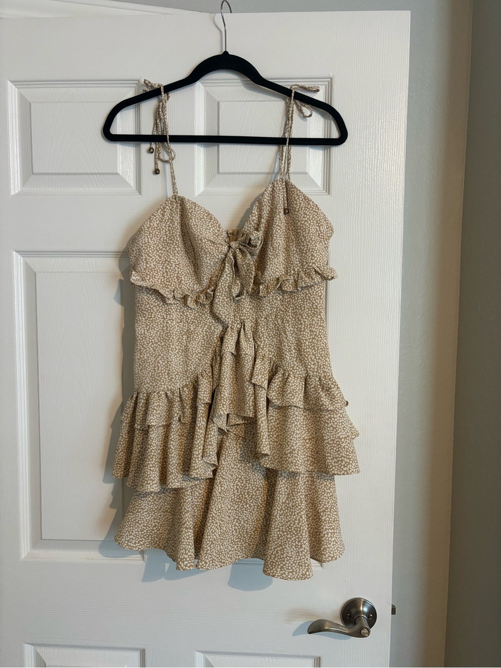 Rose and Remington Beige Spotted Ruffle Mini Dress